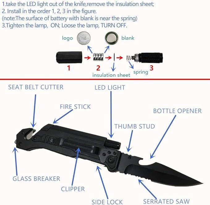 Mothers Day Fathers Day Gift - Personalized Custom Engraving Gifts for Him Her, 6-in-1 Multifunctional Folding Pocket Knives with LED Light, Seatbelt Cutter, Glass Breaker, Magnesium Fire Starter, Bottle Opener