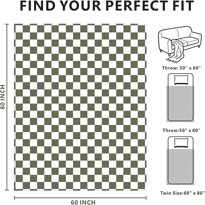 Edenleaf Checkered Blanket Flannel Throw Blankets Soft Cozy Checkered Grid Print Chessboard Gingham Pattern Throws for Bed Sofa Couch for All Seasons, 60x80 Inch, Dark Olive