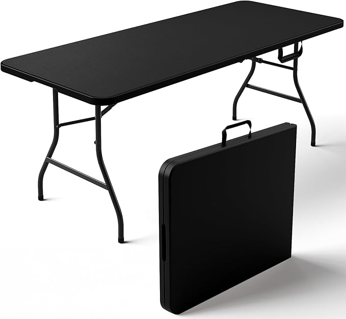 Folding Table 6ft - Heavy Duty Plastic Table with Handle, Foldable & Portable, Fold-in-Half Utility Tables for Outdoor, Dining, Wedding, Events, Indoor, Picnic, Camping, Party (Black)