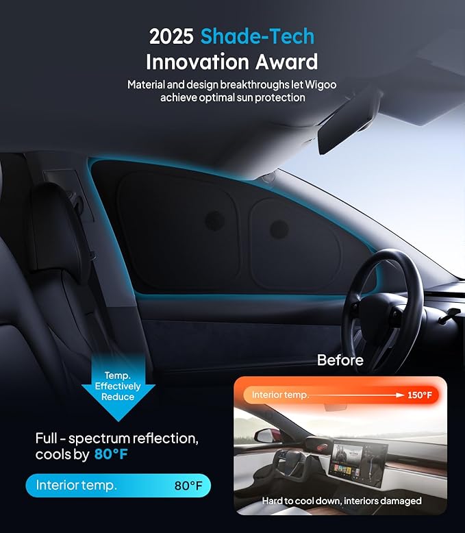 Wigoo 2026 Upgrade Tesla Model 3 Side Window Sunshade [Ice-Crystal Cool, Suction No-Fall] Sun Block for Baby & Camping & Privacy Napping, 6PCS No Rear and Front Windshield for Model 3 2024-2026