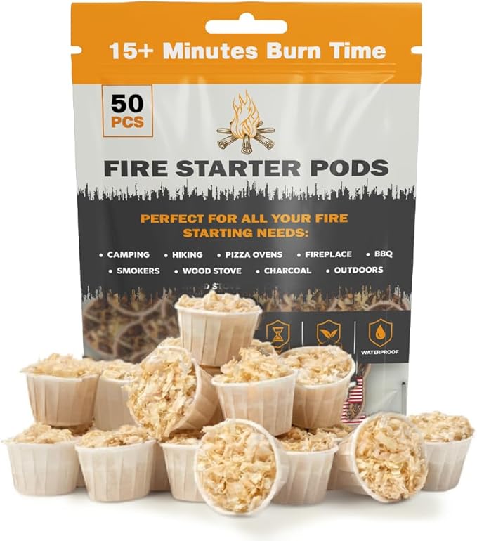 Quick to Light Wax Fire Starters Camping | 15+ Min Burn Time, Fire Starters for Fireplace & Campfire with Waterproof Matches (Pack of 50)
