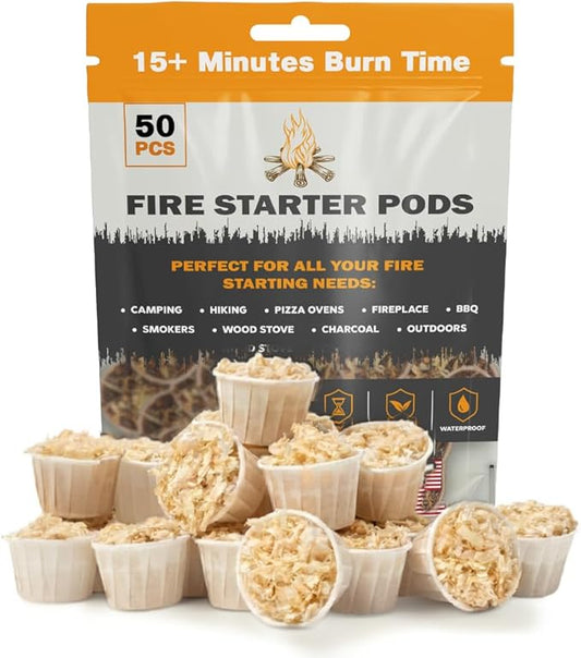 Quick to Light Wax Fire Starters Camping | 15+ Min Burn Time, Fire Starters for Fireplace & Campfire with Waterproof Matches (Pack of 50)