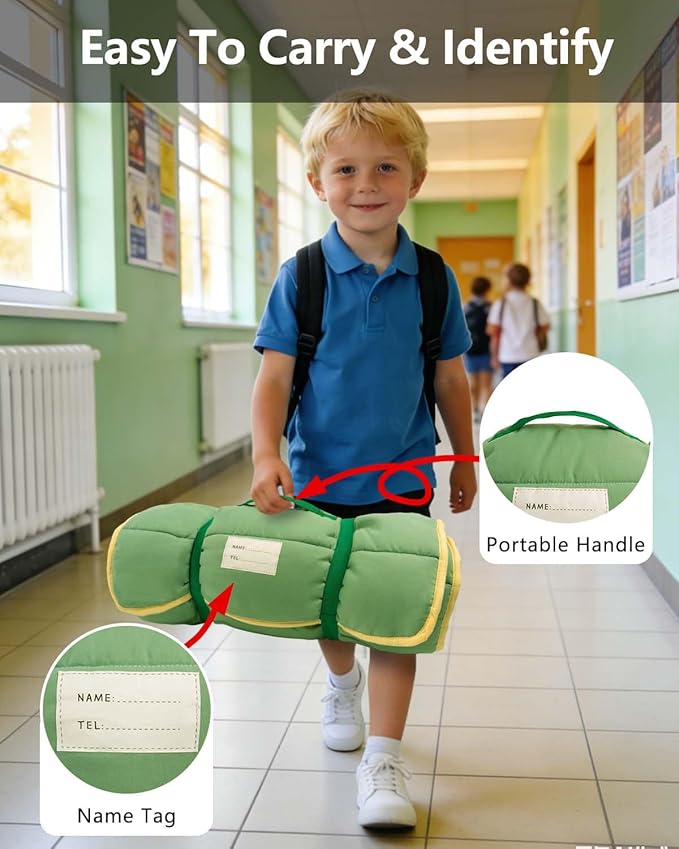 Primlect Lightweight Toddler Nap Mat, Portable Rolled Design Perfect for Daycare Travel, 51”x31 All-in-One Sleeping Bag with Removable Pillow and Fleece Blanket for Boys Girls, Machine Washable