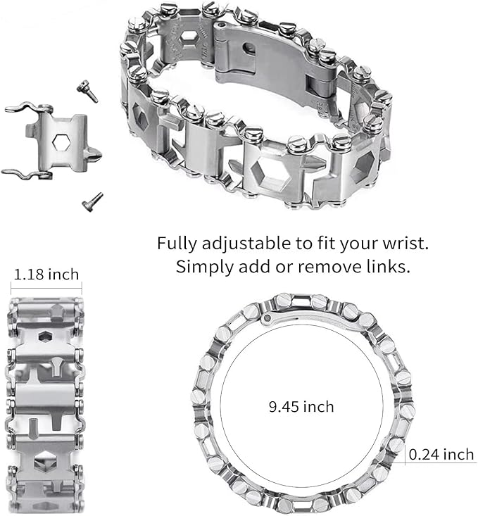 Multitool Bracelet 29 in 1 Tools Bracelet for Men and Women, Stainless Steel Multi-Functional Tool, Utility Wrist Survival Band for Sailing Travel Camping Hiking-Silver