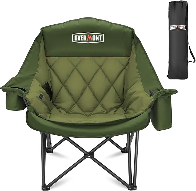 Overmont Oversized Camping Chair for Adults - 400lbs Support Heavy Duty Padded Folding Chair with Cooling Bag Cup Holder Side Pocket Carry Bag - Comfortable Portable for Outdoor Garden Sports Beach