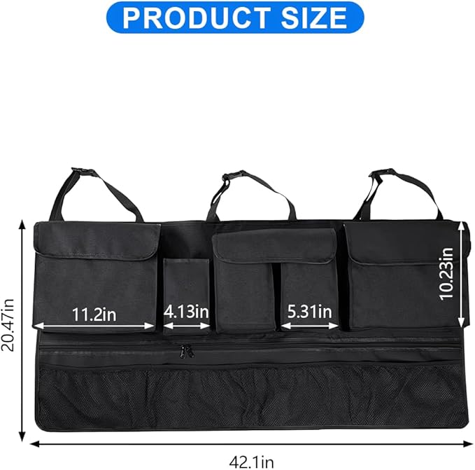 Mandark Car Trunk Organizer, Super Capacity Vehicle Hanging Backseat Cargo Storage Bag with Robust Elastic Net, Detachable Auto Seat Back Organizing Bag, Universal for SUV, Truck, RV（Black/Black）