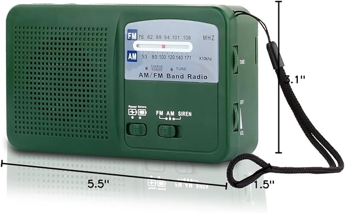 Emergency Radio with Solar and Hand Crank Self Powered, Battery USB Recharging FM/AM Radio LED Flashlight Cell Phone Charger(Green)