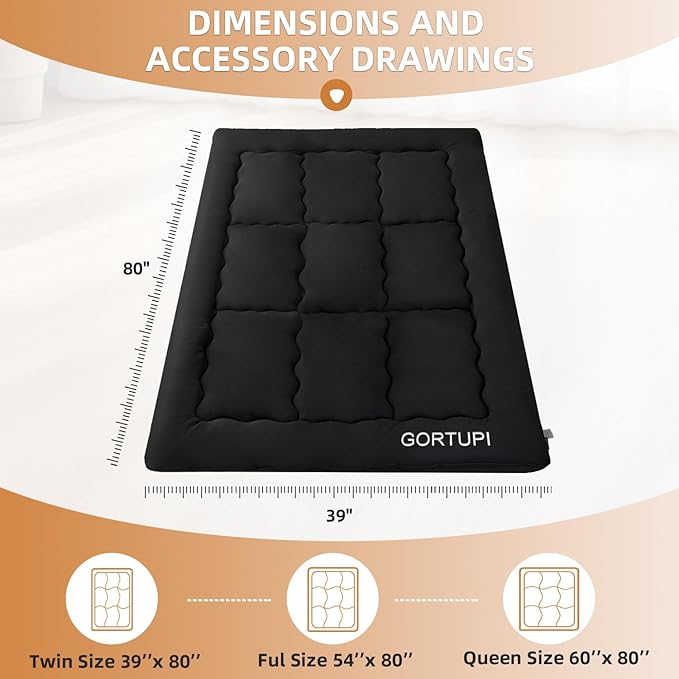 Japanese Floor Mattress,Futon Mattress 3" Black Thicken 100% High Density Comfortable Foam,Foldable Tatami Mat Sleeping Pad,Portable Floor Mattress Sleeping Pad for Adults,Twin Size 39"x 80"