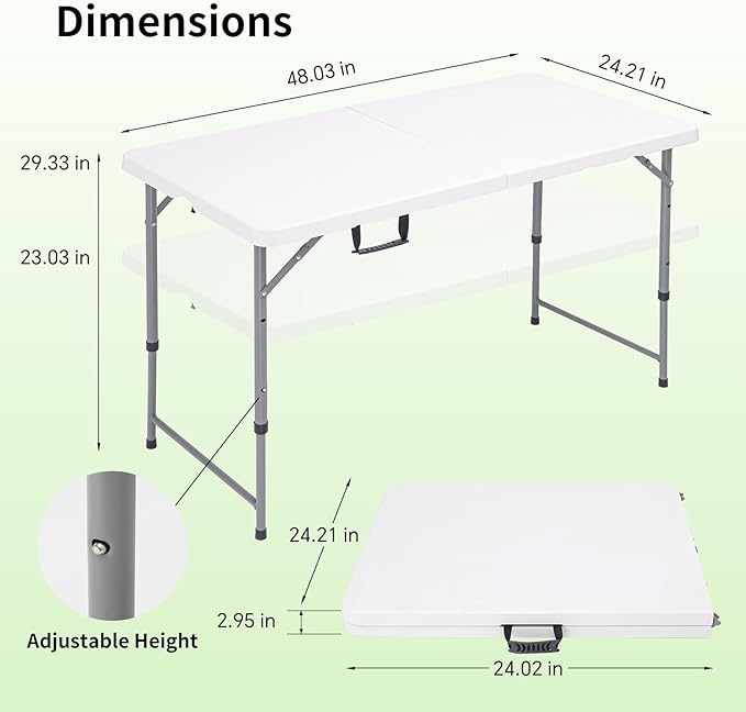 Folding Camping Table 4 Foot Adjustable Height 350lbs, 4FT Folding Picnic Card Table for Outdoor, Plastic Rectangular Dining Work Tables for Indoor, Heavy Duty Fold-in-Half Tray Tables
