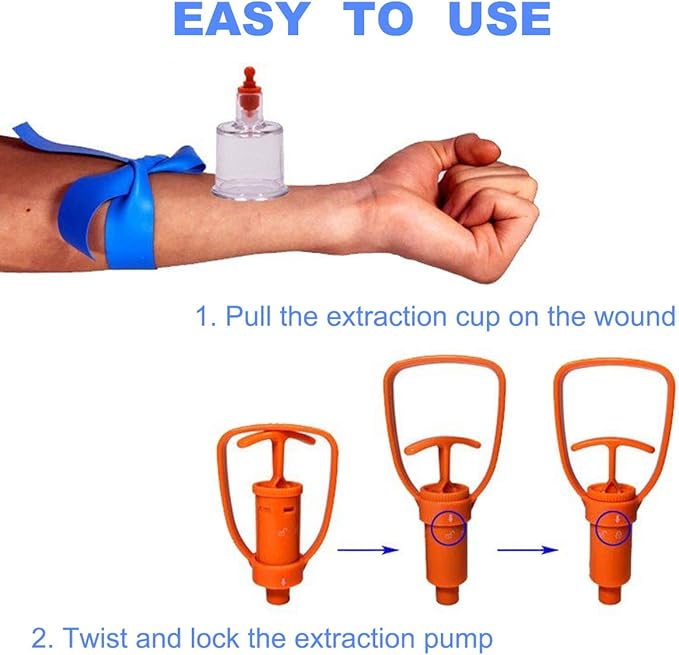Snake Bite Kit, Bee Sting Kit, Emergency First Aid Supplies, Venom Extractor Suction Pump, Bite and Sting First Aid for Hiking, Backpacking and Camping. Includes Bonus CPR face Shield (Orange)