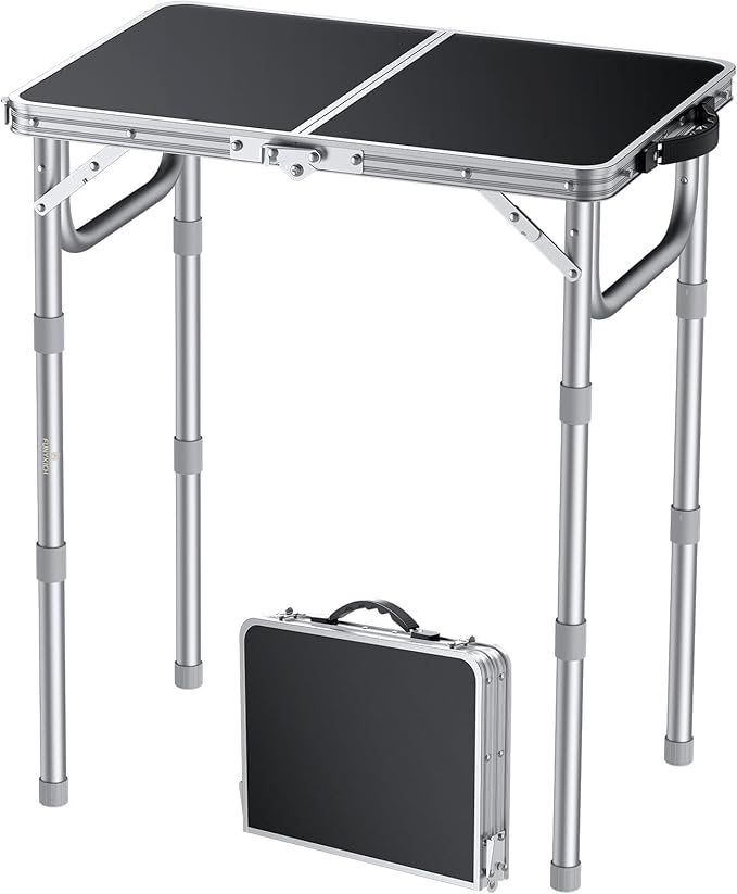 FUNYKICH 2ft Small Folding Table, 3 Height Adjustable Portable Camping Table, Lightweight Aluminum Outdoor Tables with Carry Handle for Car Camping, Backpacking, Picnic, L22.8''xW15.7'', Silver