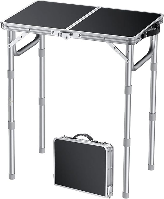 FUNYKICH 2ft Small Folding Table, 3 Height Adjustable Portable Camping Table, Lightweight Aluminum Outdoor Tables with Carry Handle for Car Camping, Backpacking, Picnic, L22.8''xW15.7'', Silver
