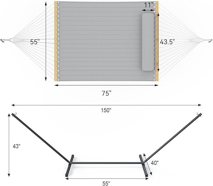 Everyfun 2 Person Outdoor Hammock with Stand, Cotton Rope Hammock with Polyester Pad, Adjustable Steel Frame, Portable with Carrying Bag – for Patio, Backyard, Garden, Beach,Dark-Gray