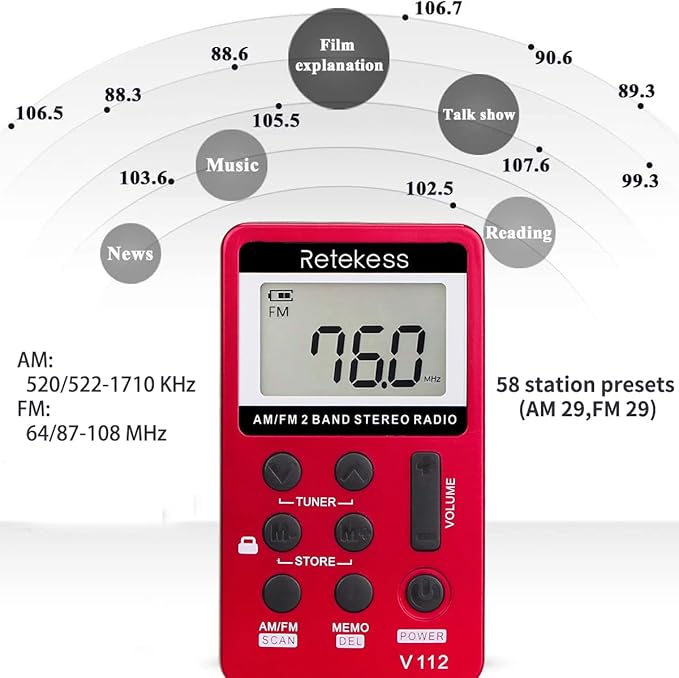 Retekess V112 AM FM Portable Pocket Radio, FM Receiver, Digital Tuning Stereo, with Headphones, Rechargeable Battery, for Walking, Jogging, Training, Church (Red)