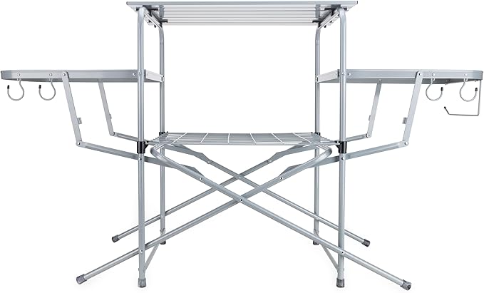Camco Olympian Deluxe Portable Grill Table - Provides Plenty of Room for Grilling Gear While Camping - Folding Grilling Table Collapses for Compact Storage - Supports Up to 100lb (57293)