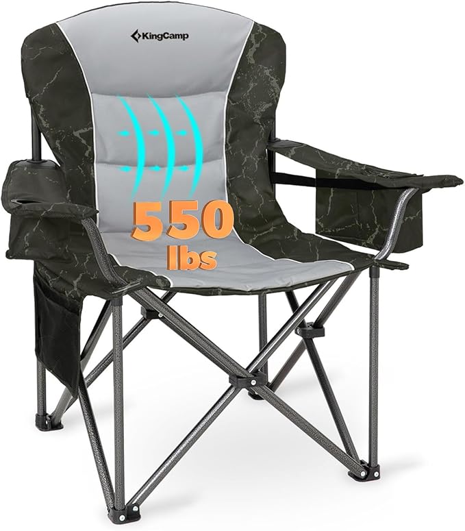 KingCamp Oversized Camping Chair with Adjustable Lumbar Support, 550lbs Heavy Duty Padded Folding Lawn Chair for Adults, Outdoor Armchair with Cooler Bag, Cup Holder & Side Pocket for Fishing, Travel