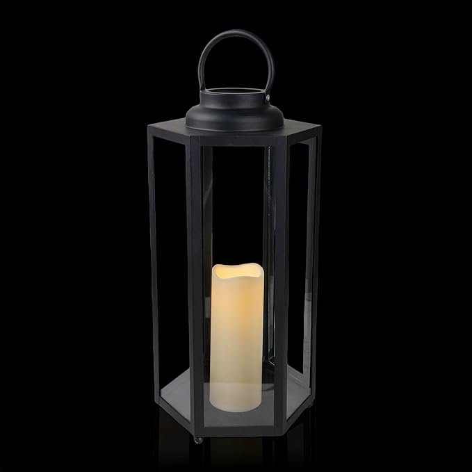 Alpine Corporation 18" Tall Outdoor Hexagonal Battery-Operated Metal Lantern with LED Lights, Black