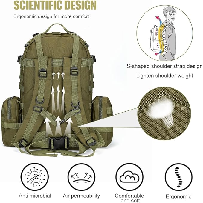 Large Military Tactical Backpack for Men, 40-50L Backpacks for Women, Bug out Bag Army 3 Days Pack Bags Rucksack with Molle System Green