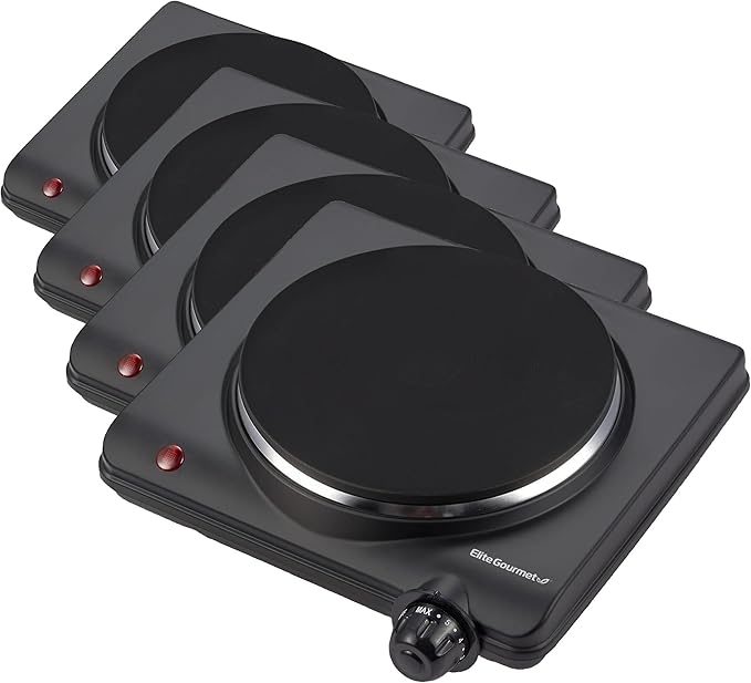 Elite Gourmet ESB-301BF# Countertop Single Cast Iron Burner,1000 Watts Electric Hot Plate,Temperature Controls,Power Indicator Lights,Easy to Clean,Black,(Pack of 4)
