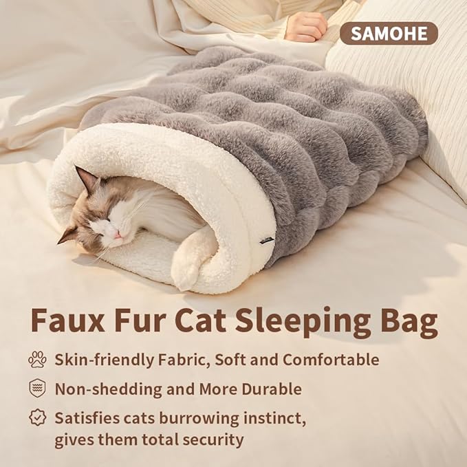 Self-Warming Cat Sleeping Bag, Enclosed Hooded Snuggle Sack with Dual-Side Plush Cat Cave Bed, Portable Foldable Pet Sleeping Pod for Indoor & Travel, Anti-Static, 21.7"x17.7"White