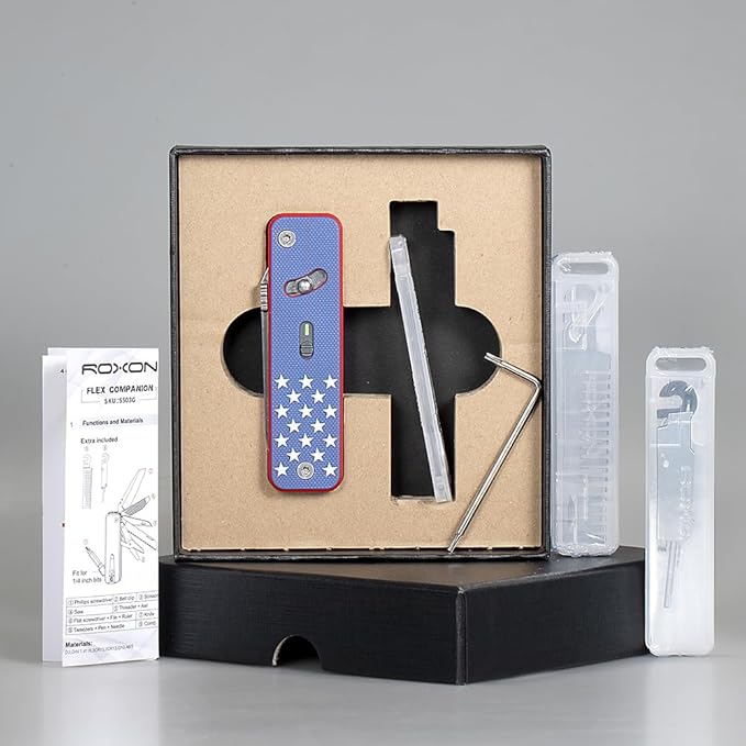 ROXON S503G Flex Companion Tool Modular Design and Adjustable Pocket Tool, Pre-Installed with 8 Essential Tools (1/4" Bit Driver, D2 Blade, Screwdriver, Taper Saw, Scissors, etc.)（US Version）