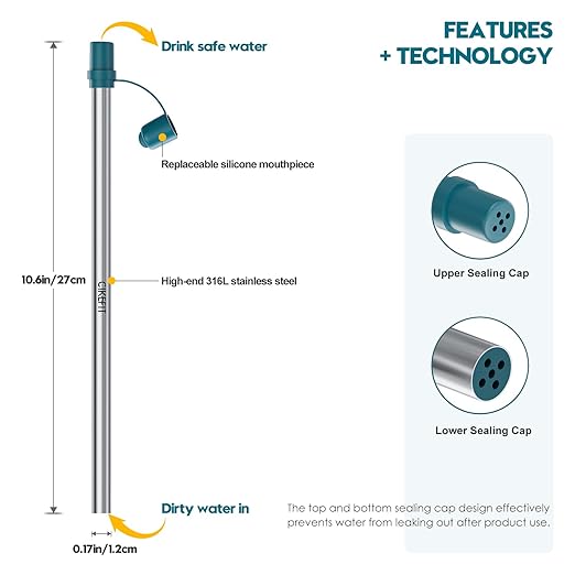 Portable Water Filter Straw, 316L Stainless Steel Reusable Personal Water Purifier for Camping Hiking Backpacking Travel, Emergency Survival Gear （Light Blue,1 Pcs）