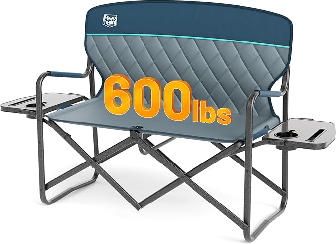 Timber Ridge Double Camping Chair Portable Loveseat, Heavy Duty Folding Camp Couch 2 Person Director Chairs with Cup Holder for Outdoor Lawn Tailgates Picnic Sports Soccer Games Supports 600 lbs Blue