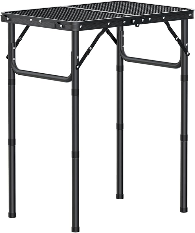 EYPINS 2ft Folding Grill Table with 3 Adjustable Heights Max 27.6'',Aluminum Heat-Resistant Cooking Camping Table,Lightweight Portable Side Table with Handle for Outside Patio BBQ,Black 22.8''x15.7''