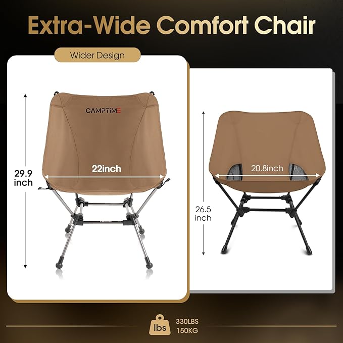 Camptime Portable Camping Chair Plus, Larger & Roomier, Compact and Lightweight, Folding Chair for Backpacking & Hiking, 330Lbs Capacity, Khaki