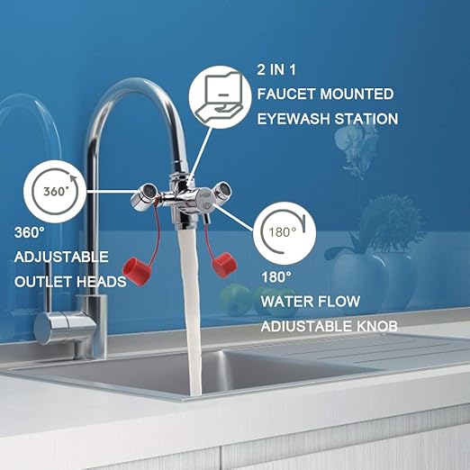 Lunarlipes Faucet Mounted Eyewash Station Kit, Emergency Eye Wash Unit, OSHA Approved First Aid Eye Flush Kit, 1x Eyewash Station, 4X Adapters, 2X Inspection Tags, 1x Emergency Eye Wash Station Sign