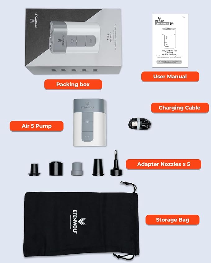 ETENWOLF AIR 5 Air Pump for Inflatables, 5200 mAh Portable Electric Air Pump, 4X Quick Inflator Deflator, 4.5 kPa & 720 L/min Pump for Pool Floats, Air Mattress, Vacuum Storage Bags, Camping