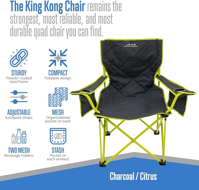 ALPS Mountaineering King Kong Camping Chairs for Adults with Mesh Cup Holders and Pockets, Built Durable and Reliable with Compact Foldable Steel Frame, Charcoal/Citrus