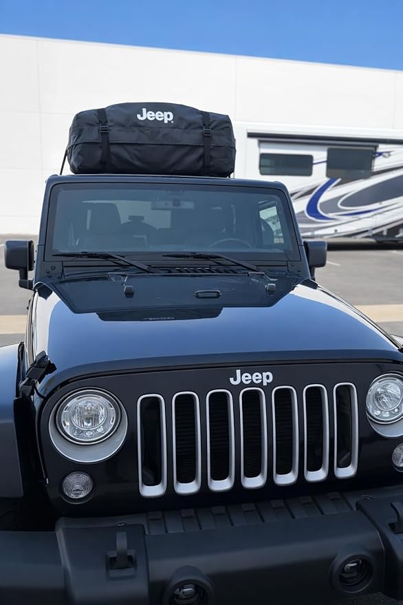 SR1 Performance USA Waterproof Rooftop Cargo Bag – Car Roof Carrier for Cars/SUVs with/Without Rack, Includes Non-Slip Mat, Heavy-Duty Straps, Lock for Secure Travel Storage (15 Cubic Feet, Jeep Logo)