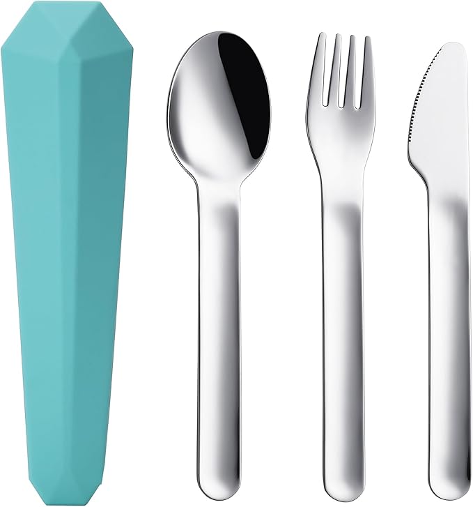 Utensils for Lunch Box Accessories, DEVICO Travel Silverware Set with Case, Camping Flatware Include 18/8 Stainless Steel Knife Fork and Spoon Set, Reusable Portable Cutlery Set for School (Teal)