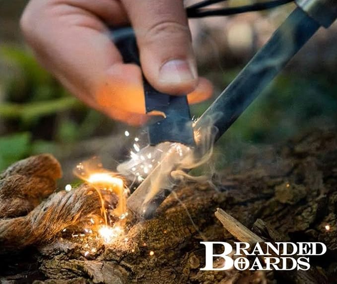 Bushcraft Fire Starter Kits. Ferrocerium Rod, Multi Tool Fire Striker, Waterproof Waxed Jute Rope Tinder, Survival Paracord, Emergency Whistle, Burlap Bag