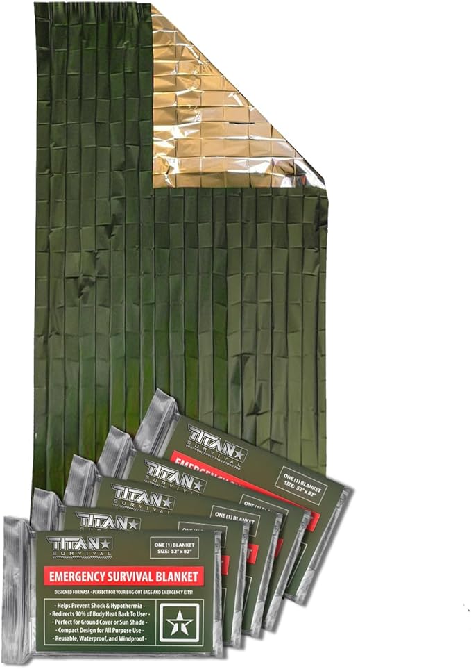 TITAN Survival Premium Mylar Survival Blankets (5 Pack) Thermal Emergency Survival Blanket for Camping, Hunting, Hiking - 90% Heat Retention & Waterproof - Portable Space Blanket w/Size Options