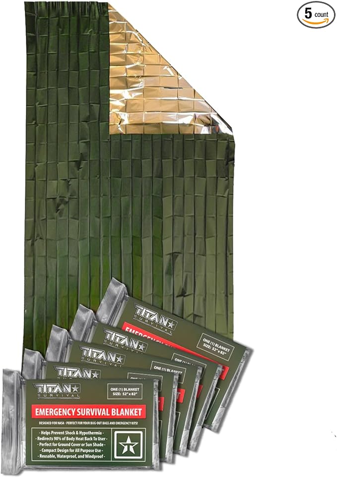 TITAN Survival Premium Mylar Survival Blankets (5 Pack) Thermal Emergency Survival Blanket for Camping, Hunting, Hiking - 90% Heat Retention & Waterproof - Portable Space Blanket w/Size Options