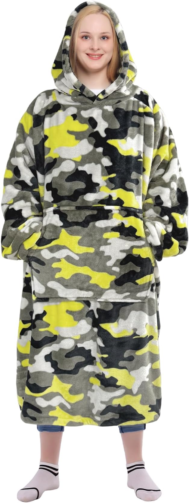 Waitu Wearable Blanket Sweatshirt Gifts for Women and Men, Warm and Cozy Giant Blanket Hoodie, Thick Flannel Blanket with Sleeves and Giant Pocket - Yellow Camo