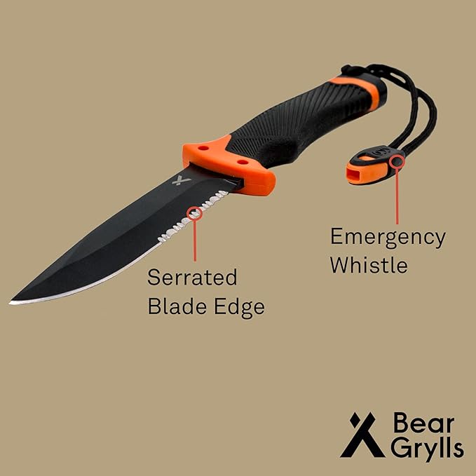 Bear Grylls Ultimate Knife - Fixed Blade Knife, Full Tang with Serrated Edge, Fire Striking Edge, and Emergency Whistle, Includes Sheath - 4.75” Blade, Stainless Steel Blade, Black