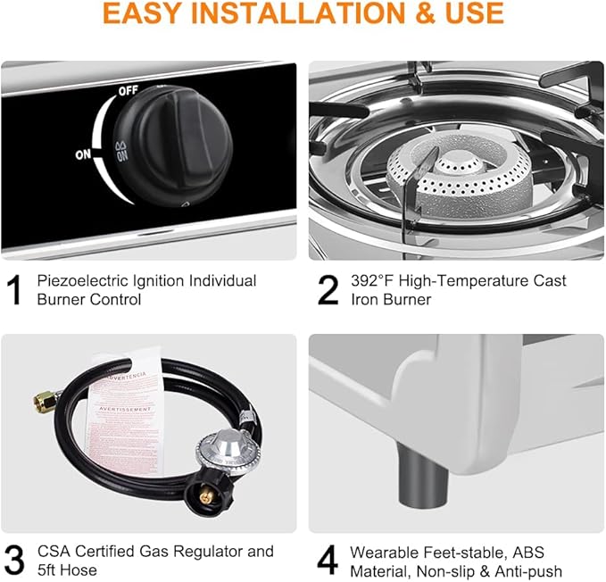 CAMPLUX 2 Burner Propane Camping Gas Stove for Outdoor Cooking, 19,600 BTU Portable Double Burner Propane Cooktop Stainless Steel with Auto Ignition, Estufa de Gas Portatil, for Patio, Camping, BBQ