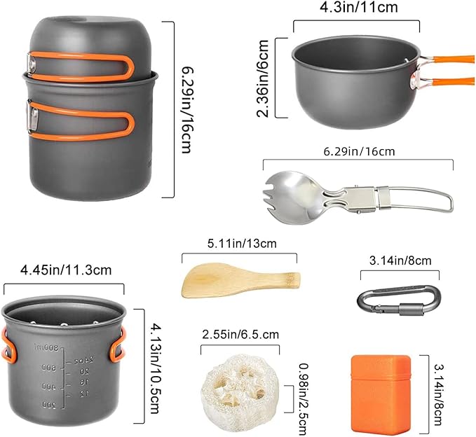 Camping Cookware Set, Portable Camping Mess Kit with Non-Stick Pots, Pans Set and Folding Fork, Lightweight Backpacking cookware Cooking Set for Outdoor/Camping/Hiking/Picnic