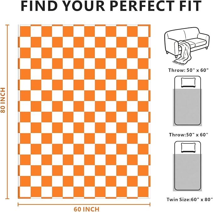 Edenleaf Orange Checkered Blanket, Soft Cozy Fleece Checkered Throw Blankets for Bed Sofa Couch Camping, Ultra Fluffy Throws for All Seasons, 60x80 Inch, Orange