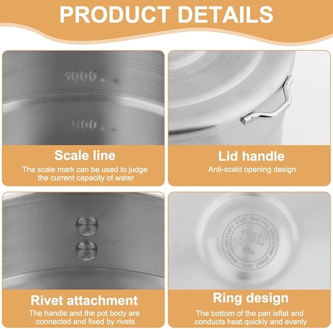 Stainless Steel Camping Cook Pot, 1.5L Camping Cookware with Lid and Folding Handle, Large Capacity Bento Pot for Outdoor Backpacking Campings Hiking Picnic