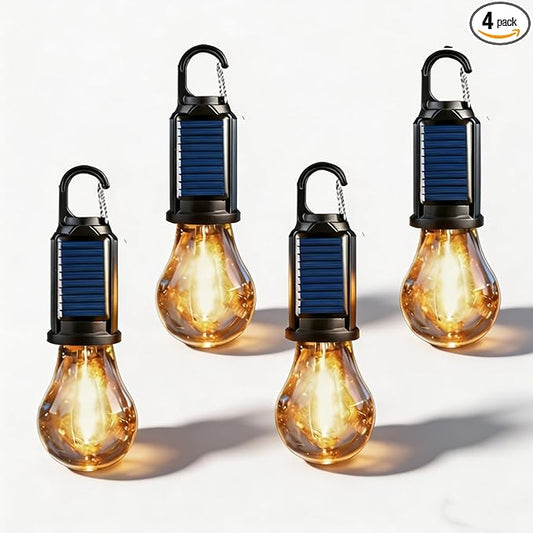 4 Pack Solar Camping Lights , Rechargeable Light Bulbs , Hanging Tent Lantern Outdoor Indoor with Clip Hook Keychain 4 Lighting Modes for Christmas Decorations Hiking Backpacking Warm Light