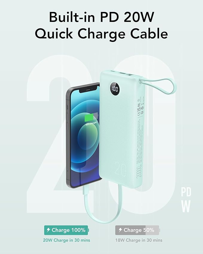 VRURC Portable Charger 20000mAh, Built-in Cables Fast Charging Power Bank, PD QC 3.0 Travel Essentials Battery Pack, 4 Output & 2 Input Phone Charger for iPhone16 15 14 13 X, Samsung, Android