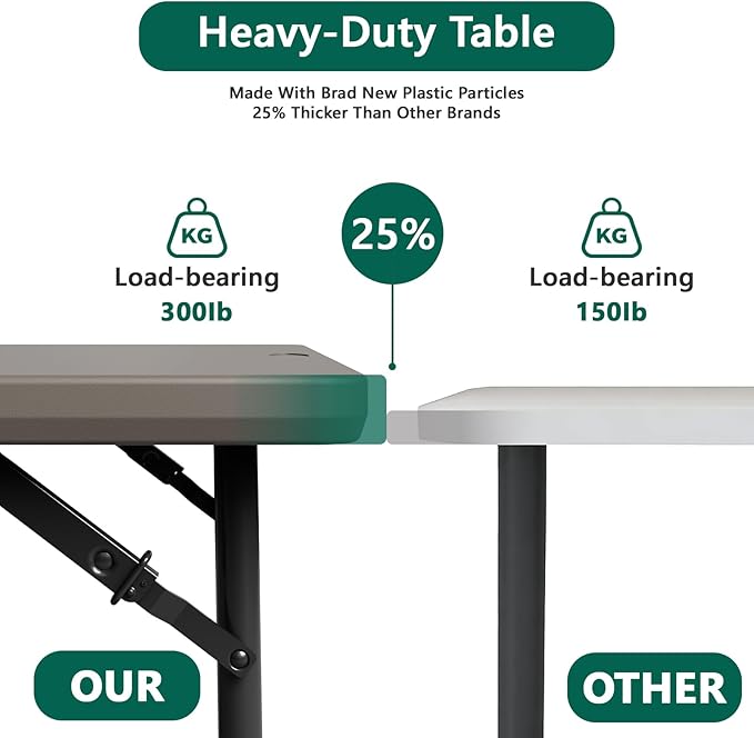 Folding Table 4ft - Heavy Duty Fold-in-Half Plastic Table with Adjustable Height, Portable Utility Tables with Steel Legs for Indoor, Outdoor, Picnic, Camping, Dining, Party (Khaki)