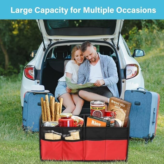 Simple Deluxe Car Trunk Organizer, Anti-slip Design, Made of Waterproof 600D Oxford Polyester, 2 Compartments Collapsible Trunk Storage, Suitable for SUV, 14" D x 22" W x 12" H, Red