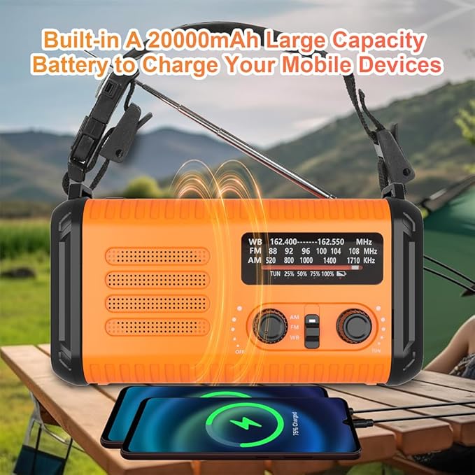 Weather Radio AM/FM/NOAA, Hand Crank Emergency Radio Flashlight, 20000mAh Battery Operated Cell Phone Charger, Solar Powered, Reading Lamp, Headphone Jack, SOS & Compass for Home Emergencies