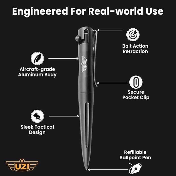 UZI Tactical (UZI-TACPEN2-BK) Aircraft Aluminum Multitool Pen | Self Survival Gear, Window Breaker, Real Ballpoint, Military and Police EDC Pen | Great Gift for Men | Unique Pens | Black
