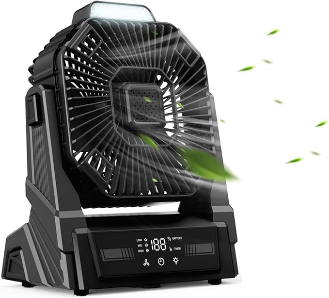KopBeau Portable Camping Fan with Lights, 20000mAh Rechargeable Battery Operated Fan, Battery Powered Outdoor Beach Tent with 3 Speeds & Hook, Personal USB Table for Camping Accessories Black